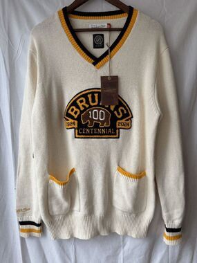 Mitchell & Ness Boston Bruins Centennial Mens V Neck Sweater Cream Size Medium